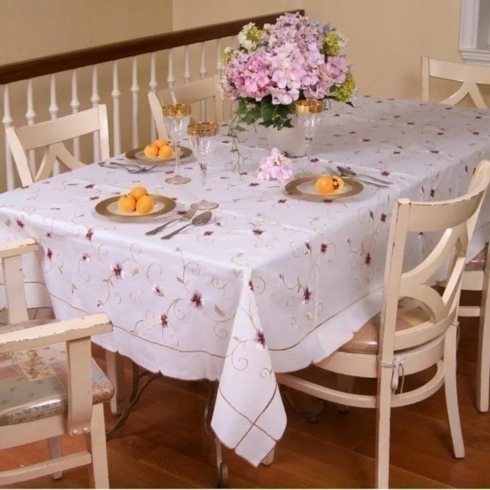 70” x 88” Ivory Floral Embroidery Tablecloth NEW